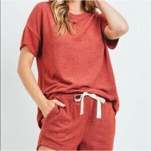 Perfect Peach Brick Ribbed Knit Comfy Soft Sweater & Shorts Lounging Cozy Set 1X